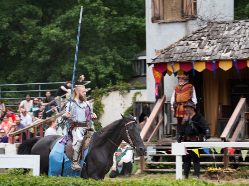 A blonde knight rides past the royal stage with a lance.