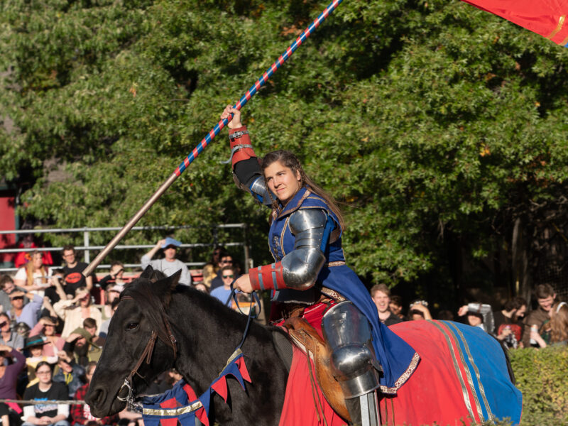 A lady knight hoists a blue and red flag while riding a horse